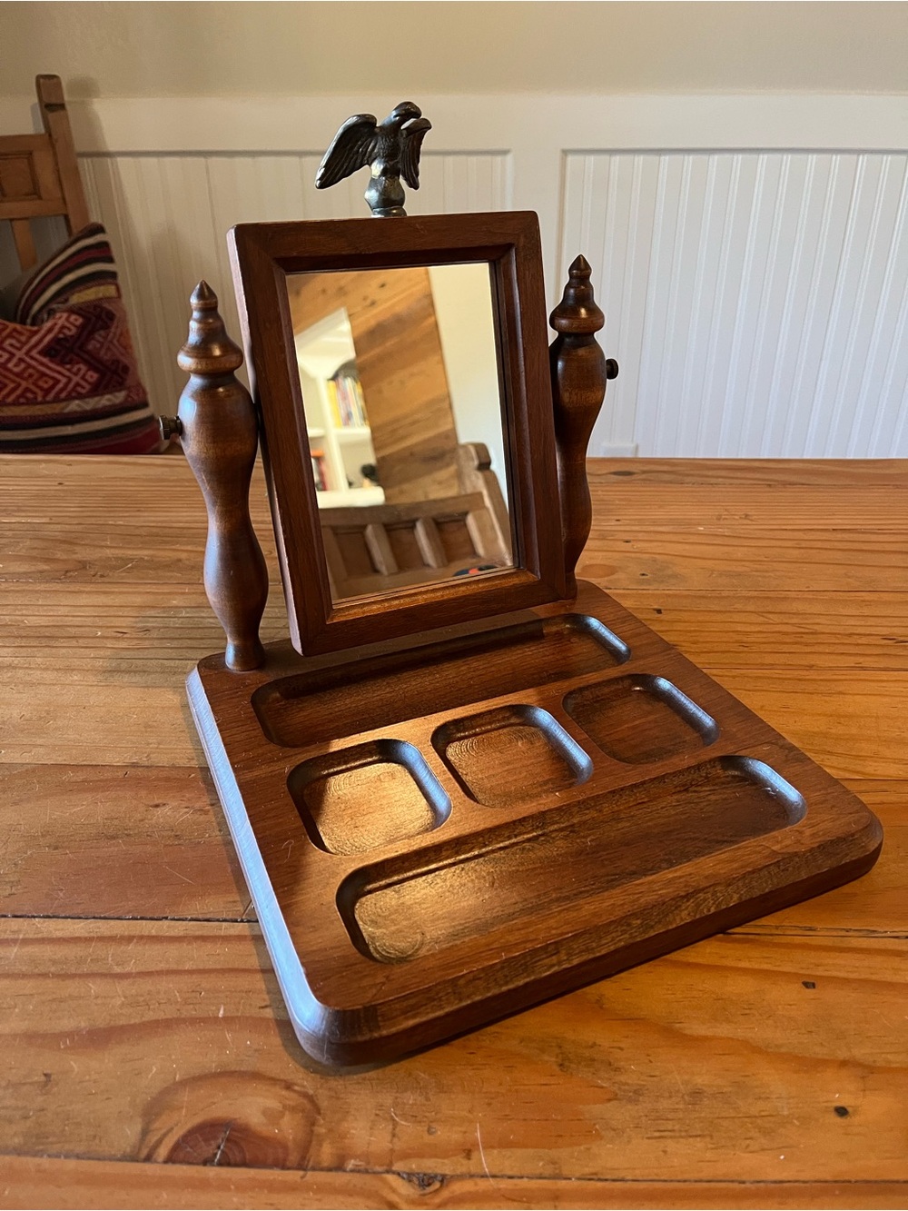Vintage Wood Valet Tray w/Swivel Mirror and Brass Eagle Finial